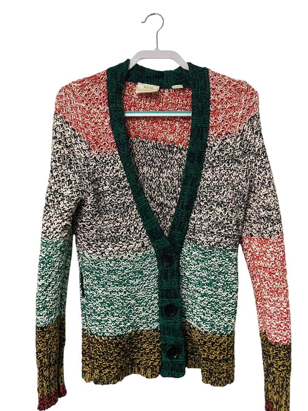 Maeve Anthropologie Cardigan SM Colorblock Chunky Knit Green Red Mustard Boho
